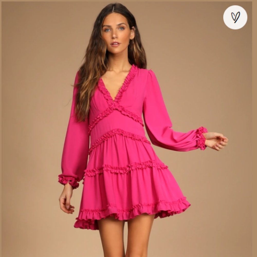 LULUS NEW Simply Darling Magenta Ruffled Long Sleeve Mini Dress / Size L / NWT